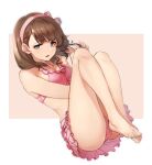  1girl ass bare_legs barefoot bikini breasts brown_hair feet frilled_bikini frills hairband highres idolmaster idolmaster_cinderella_girls kakaobataa knees_up legs legs_folded looking_at_viewer pink_bikini pink_hairband sakuma_mayu simple_background small_breasts solo swimsuit toenails toes two-tone_background 