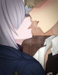  1boy 1girl blonde_hair blue_coat blush coat collared_shirt fiona_frost grey_hair hetero highres imminent_kiss indoors jjanda open_mouth saliva shirt short_hair spy_x_family steaming_body twilight_(spy_x_family) white_shirt 