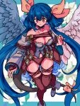  1girl absurdres angel_wings asymmetrical_wings bare_shoulders belt black_panties black_thighhighs blue_border blue_flower blue_hair blue_rose blush border breasts cleavage cleavage_cutout clothing_cutout collarbone detached_sleeves dizzy_(guilty_gear) feathered_wings flower guilty_gear guilty_gear_xrd hair_between_eyes hair_ribbon hair_rings highres ktknpdy large_breasts long_hair midriff monster_girl navel off_shoulder panties red_eyes ribbon rose solo tail tail_ornament tail_ribbon thick_thighs thigh_gap thighhighs thighs twintails underwear wings yellow_ribbon 