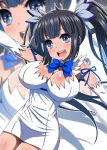  1girl ai_wa_muteki black_hair blue_eyes blue_ribbon breasts cleavage_cutout commentary_request cowboy_shot dress dungeon_ni_deai_wo_motomeru_no_wa_machigatteiru_darou_ka gloves hestia_(danmachi) large_breasts long_hair looking_at_viewer open_mouth outstretched_arms rei_no_himo ribbon round_teeth short_dress smile solo teeth twintails upper_teeth white_dress white_gloves zoom_layer 