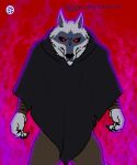 absurd_res andromorph bottomwear canid canine canis claws cloak clothing death_(puss_in_boots) dreamworks fierce hi_res intersex male mammal opstah pants purple_flame puss_in_boots_(dreamworks) red_eyes solo wolf wolf_ears