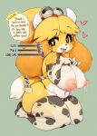 &lt;3 &lt;3_eyes 2023 absurd_res accessory animal_crossing animal_print anthro areola armwear big_breasts big_ears biped bodily_fluids body_slider breasts canid canine canis clothed clothing cow_print curvy_figure dialogue domestic_dog ear_piercing ear_tag elbow_gloves english_text fake_horns female fur gameplay_mechanics gloves good_girl green_background handwear headband hi_res huge_breasts isabelle_(animal_crossing) kneeling lactating legwear lingerie mammal milk nintendo nipples partially_clothed piercing pink_areola pink_nipples shih_tzu simple_background skimpy skindentation slightly_chubby slugbox solo speech_bubble stockings sweat sweatdrop text thick_thighs topless toy_dog underwear voluptuous wide_hips yellow_body yellow_fur