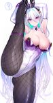  1girl absurdres animal_ears armpit_crease armpits arms_up azur_lane bare_shoulders black_gloves breasts cleavage closed_mouth collarbone expressionless fake_animal_ears fishnet_pantyhose fishnets flexible gloves hair_between_eyes highres kaki_z3 kearsarge_(all_night_charge)_(azur_lane) kearsarge_(azur_lane) large_breasts leg_lift leg_up leotard long_hair looking_at_viewer official_alternate_costume pantyhose playboy_bunny purple_eyes rabbit_ears simple_background solo split standing standing_on_one_leg standing_split strapless strapless_leotard thick_thighs thigh_strap thighs very_long_hair white_background white_hair 