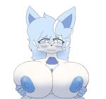 5_fingers anthro areola big_breasts blue_areola blue_body blue_fur blue_hair blush bodily_fluids bow_(feature) breast_play breasts celeste_(lewdyblueberry) cum duo eeveelution fingers fur generation_6_pokemon genital_fluids gynomorph hair hi_res holding_breast huge_breasts intersex intersex/male lewdyblueberry male nintendo pokemon pokemon_(species) sex sylveon titfuck white_body white_fur