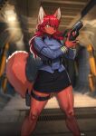 absurd_res anthro biped bottomwear canid canine clothed clothing eyelashes female fox gun hair hair_over_eye hi_res holding_gun holding_object holding_weapon mammal one_eye_obstructed pgm300 pupils ranged_weapon skirt solo thick_thighs topwear weapon