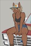 427deer absurd_res anthro blonde_hair brown_body brown_fur car car_hood clothing equid equine female footwear ford_bronco fur hair hi_res horse looking_at_viewer mammal ponytail sitting_on_car solo tagme vehicle