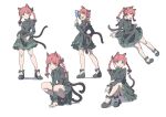  1girl animal_ears black_bow black_footwear black_ribbon bow braid cat_ears cat_tail commentary_request dress fire footwear_bow frilled_dress frilled_sleeves frills green_dress gyouza_(mhea5724) hair_bow juliet_sleeves kaenbyou_rin leg_ribbon long_hair long_sleeves mary_janes multiple_tails multiple_views puffy_sleeves red_eyes red_hair ribbon shoes simple_background sitting squatting standing tail touhou twin_braids white_background 
