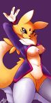  2019 anthro areola big_breasts black_sclera blue_eyes breasts claws clothed clothing cosplay digimon digimon_(species) digital_media_(artwork) female fur looking_at_viewer mammal nipple_piercing nipples piercing pussy pussy_juice renamon simple_background smile solo sruto stokings tongue yellow_fur 