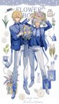  2boys absurdres blonde_hair blue_eyes blue_flower blue_jacket blue_necktie blue_rose blue_shirt blue_vest blush book bookmark bottle commentary daisy embarrassed english_commentary english_text flower full_body gift gloves grey_hair hat hat_flower hat_ribbon highres holding holding_clothes holding_hat jacket lily_of_the_valley long_sleeves looking_at_viewer looking_to_the_side male_focus multiple_boys nana_tetra necktie one_eye_closed open_mouth original pants parted_lips perfume_bottle pink_flower pink_rose ribbon rose shirt short_hair smile striped striped_shirt sun_hat tulip vest white_background white_flower white_footwear white_gloves white_pants white_rose white_shirt white_tulip yellow_eyes 