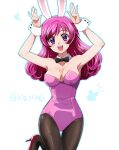  1girl absurdres alternate_costume animal_ears bare_shoulders black_pantyhose blush breasts cleavage covered_navel cowboy_shot detached_collar fake_animal_ears highres kagami_chihiro kibou_no_chikara_~otona_precure_&#039;23~ leotard long_hair looking_at_viewer medium_breasts open_mouth pantyhose pink_eyes pink_hair pink_leotard playboy_bunny precure rabbit_ears signature smile solo standing standing_on_one_leg strapless twitter_username white_background wrist_cuffs yes!_precure_5 yumehara_nozomi 
