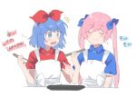  2girls apron bangs blue_bow blue_eyes blue_hair blue_shirt blush bow closed_eyes eating food_in_mouth hair_bow hairband kousaka_karasu long_hair multiple_girls omega_rei omega_rio omega_sisters omega_symbol open_mouth pink_hair pink_shirt red_bow shirt short_hair short_sleeves sketch smile twintails virtual_youtuber 