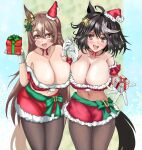  animal_ears bare_shoulders bell black_hair black_pantyhose braid breasts brown_eyes brown_hair choker christmas cleavage clenched_hand commentary ear_ribbon english_commentary french_braid fur-trimmed_headwear fur-trimmed_shirt fur-trimmed_skirt fur_trim gift gloves green_sash hair_bell hair_ornament hat highres holding holding_gift horse_ears horse_girl horse_tail huge_breasts kitasan_black_(umamusume) leaning_forward long_hair looking_at_viewer midriff mini_hat mini_santa_hat miniskirt mixed-language_commentary navel off-shoulder_shirt off_shoulder open_mouth pantyhose rabbit_fox red_headwear red_ribbon red_shirt red_skirt ribbon ribbon_choker santa_hat sash satono_diamond_(umamusume) shirt short_hair short_sleeves side-by-side skirt smile snowflakes standing tail umamusume white_gloves 