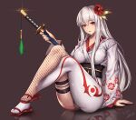  1girl arm_support asymmetrical_legwear breasts closed_mouth commission fishnet_thighhighs fishnets hair_ornament holding holding_sword holding_weapon japanese_clothes kimono large_breasts long_hair looking_at_viewer mad_kimo mismatched_legwear original red_eyes sandals sheath sheathed single_thighhigh sitting solo sword thick_thighs thighhighs thighs weapon white_hair white_kimono 