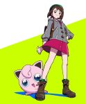  1girl backpack bag bangs blush boots brown_eyes brown_footwear brown_hair cardigan dress female_protagonist_(pokemon_swsh) gen_1_pokemon green_headwear green_legwear grey_cardigan hat jigglypuff long_sleeves looking_at_viewer pink_dress pokemon pokemon_(game) pokemon_swsh short_hair smile socks tam_o&#039;_shanter yoko.u 