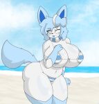 anthro beach big_breasts big_butt blue_body blue_fur blue_hair bow_(feature) breasts butt celeste_(lewdyblueberry) clothing eeveelution eyewear female fur generation_6_pokemon glasses hair hand_on_breast huge_breasts lewdyblueberry markings navel nintendo one_eye_closed playful pokemon pokemon_(species) scarf seaside slightly_chubby slightly_chubby_anthro solo swimwear sylveon tail thick_thighs tongue tongue_out white_body white_eyes white_fure wide_hips wink
