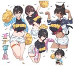  4girls @_@ animal_ears arm_up black_hair black_shirt blue_eyes blue_jacket breasts brown_eyes cat_ears cat_tail center-chan_(tapioka_(oekakitapioka)) cheerleader chibi commentary_request confetti dark-skinned_female dark_skin fake_animal_ears hair_between_eyes hand_on_own_hip hand_up highres holding holding_pom_poms jacket large_breasts leaning_forward leg_up long_sleeves looking_at_viewer midriff multiple_girls navel nervous off_shoulder one_eye_closed open_mouth original paw_pose pink_jacket pom_pom_(cheerleading) puffy_long_sleeves puffy_sleeves purple_eyes shirt short_hair short_sleeves shorts tail tapioka_(oekakitapioka) thigh_strap tied_shirt tomboy translation_request upper_body very_short_hair white_shorts 