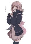  1girl :o animal_bag black_jacket black_thighhighs blush breasts cat_bag cowboy_shot danganronpa_(series) danganronpa_2:_goodbye_despair from_side hair_ornament hands_up hood hooded_jacket jacket large_breasts looking_at_viewer miniskirt nanami_chiaki open_clothes open_jacket pink_bag pleated_skirt ru-pe_(gstm_0915) simple_background skirt solo thighhighs translation_request white_background 