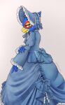 ambiguous_gender anthro avian blue_body blue_feathers bonnet clothing dress eldorad65 falco_lombardi feathers green_eyes headgear headwear hi_res nintendo red_body red_feathers simple_background solo star_fox white_background