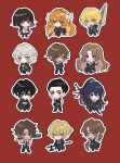  6+boys 6+girls black_eyes black_hair black_pants blonde_hair blue_hair bow brown_eyes brown_hair brown_sweater chibi don_quixote_(project_moon) faust_(project_moon) glasses gregor_(project_moon) guan_dao hair_bow halberd heathcliff_(project_moon) highres holding holding_weapon hong_lu_(project_moon) ishmael_(project_moon) lance limbus_company long_hair low_ponytail meursault_(project_moon) mnt_(mnppf7) multiple_boys multiple_girls orange_hair outis_(project_moon) pants polearm project_moon red_background red_eyes rodion_(project_moon) ryoshu_(project_moon) shirt short_hair simple_background sinclair_(project_moon) sweater very_long_hair weapon white_bow white_shirt yellow_eyes yi_sang_(project_moon) 