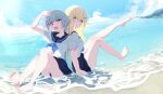  2girls :d absurdres aizawa_ema aqua_hair arm_up asumi_sena back-to-back bare_legs barefoot beach blonde_hair blue_eyes blue_neckerchief blue_sailor_collar blue_skirt blue_sky blush closed_mouth cloud cloudy_sky collarbone commentary_request day eyelashes fang feet foot_up full_body gradient_hair grey_hair hair_ornament highres holding_hands knees_together_feet_apart knees_up leg_up legs looking_at_viewer miniskirt multicolored_hair multiple_girls neckerchief ocean open_mouth outdoors pink_eyes pink_hair pleated_skirt reikakrzk sailor_collar school_uniform see-through see-through_shirt serafuku shirt short_hair short_sleeves sitting skin_fang skirt sky smile soles splashing spread_toes streaked_hair toes virtual_youtuber vspo! water wet wet_clothes wet_shirt 