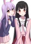  2girls animal_ears arm_up bangs black_hair blazer blouse blunt_bangs blush bow bowtie bunny_ears commentary_request cowboy_shot eyebrows_visible_through_hair hair_between_eyes hand_on_own_chest hand_on_own_face head_tilt highres hime_cut houraisan_kaguya jacket lavender_hair lavender_skirt long_hair long_sleeves looking_at_viewer miniskirt multiple_girls necktie pink_blouse pleated_skirt red_eyes red_neckwear red_skirt reisen_udongein_inaba shirt sidelocks simple_background skirt standing touhou triangle_mouth tsukimirin v_arms very_long_hair white_background white_neckwear white_shirt wide-eyed wing_collar 