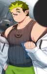  1boy 8miyatoyo bandaid bandaid_on_face bandaid_on_nose bara bare_shoulders belly black_bandaid black_tank_top facial_hair goatee_stubble grigory_(live_a_hero) hand_in_pocket highres jacket large_pectorals live_a_hero looking_at_viewer male_focus multicolored_hair off-shoulder_jacket off_shoulder open_clothes open_jacket pectorals plump pointy_ears sanpaku short_hair sideburns_stubble smile solo standing stubble tank_top thick_eyebrows two-tone_hair 