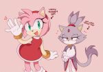  2girls ame_(beeames) amy_rose animal_ears bad_id bad_tumblr_id blaze_the_cat blush cat_ears cat_girl cat_tail dress eyelashes forehead_jewel fur-trimmed_gloves fur_trim furry furry_female gloves gold_necklace green_eyes hairband heart hedgehog_girl highres jacket jewelry looking_at_viewer multiple_girls necklace open_mouth pants pink_background pink_fur ponytail purple_fur purple_jacket red_dress red_hairband simple_background sonic_(series) tail waving white_gloves white_pants yellow_eyes yuri 