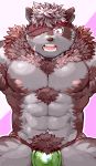  abs absurd_res accessory anthro biceps brown_fur canid canine canis fur headband hi_res male mammal multicolored_fur muscular muscular_male navel nipples open_mouth pecs pikaqoo red_eyes simple_background solo tokyo_afterschool_summoners two_tone_fur video_games volkv_vseslav white_fur wolf 