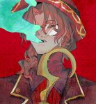  1boy beard_stubble brown_eyes brown_hair earrings glasses gregor_(project_moon) highres hook_hand jewelry limbus_company looking_at_viewer low_ponytail moufuku001 portrait project_moon red_background simple_background smoke solo 