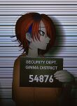  1boy bags_under_eyes black_eyes blue_hair closed_mouth from_side frown hair_over_one_eye height_mark highres holding holding_sign male_focus master_detective_archives:_rain_code mugshot multicolored_hair oishikunatte_shintoujou orange_shirt prison_clothes prisoner profile red_hair shirt short_hair sign solo upper_body yomi_hellsmile 