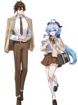  1boy 1girl alternate_costume bag bare_legs belt blue_hair book bow bowtie brown_bow brown_bowtie brown_hair brown_jacket brown_necktie brown_pants brown_skirt dasha earrings full_body ganyu_(genshin_impact) genshin_impact holding holding_book horns jacket jewelry necktie open_mouth pants purple_eyes shirt shoes shoulder_bag skirt socks vision_(genshin_impact) white_shirt white_socks zhongli_(genshin_impact) 