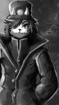 absurd_res anthro black_hair cheek_tuft clothed clothing coat eyebrows facial_tuft female fur fuseadrift greyscale hair hair_over_eye hand_in_pocket happy hat headgear headwear hi_res horn lagomorph leporid mammal merdeka monochrome multicolored_body multicolored_fur one_eye_obstructed painting_(artwork) pockets rabbit simple_background solo standing topwear traditional_media_(artwork) tuft two_tone_body two_tone_fur