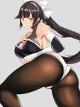  1girl akire_zz ass azur_lane bangs bare_shoulders black_hair black_legwear bow breasts cleavage hair_bow hair_flaps highres large_breasts open_mouth pantyhose ponytail race_queen ribbon takao_(azur_lane) thighs white_bow white_ribbon yellow_eyes 