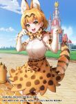  1girl animal_ears belt blonde_hair bow bowtie cat_ears cat_girl cat_tail copyright_name elbow_gloves extra_ears gloves kemono_friends kemono_friends_opening_day looking_at_viewer menna_(0012) second-party_source serval_(kemono_friends) serval_print shirt short_hair skirt sleeveless sleeveless_shirt solo tail thighhighs yellow_eyes 