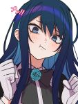  1girl ado_(utaite) black_bow black_bowtie blue_eyes blue_flower blue_hair blue_rose blush bow bowtie chando_(ado) closed_mouth cloud_nine_inc collared_shirt colored_inner_hair commentary_request dark_blue_hair flower flower_brooch gloves hair_between_eyes highres long_hair long_sleeves looking_at_viewer making-of_available mole mole_under_eye multicolored_hair pout riseno rose shadow shirt sidelocks simple_background solo translation_request two-tone_hair upper_body utaite white_background white_gloves white_shirt 