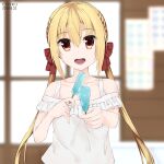  1girl 2019 alternate_costume arihara_nanami artist_name bare_shoulders blonde_hair blurry blurry_background braid casual collarbone commentary dated eyes_visible_through_hair food frilled_shirt frills hair_between_eyes hair_ribbon hands_up holding holding_food holding_popsicle incoming_food indoors long_hair looking_at_viewer low_twintails off-shoulder_shirt off_shoulder open_mouth popsicle portrait pov qumai79 red_eyes red_ribbon ribbon riddle_joker shirt side_braids smile solo straight_hair teeth twintails very_long_hair white_shirt 