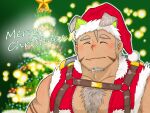  1boy ^_^ animal_ears bara body_fur christmas christmas_tree closed_eyes dark-skinned_male dark_skin dog_boy dog_ears facial_hair fangs goatee gomeisa_(live_a_hero) grey_hair hat highres hiroki_(hirokiin2jigen) large_pectorals live_a_hero male_focus merry_christmas muscular muscular_male official_alternate_costume pectorals red_headwear santa_costume santa_hat short_hair solo thick_chest_hair thick_eyebrows unzipped upper_body 