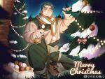  1boy absurdres bara brown_sweater bulge christmas decorating facial_hair goatee green_hair green_overalls highres huge_eyebrows male_focus mature_male merry_christmas midriff_peek muscular muscular_male navel_hair oc_(kn) original overalls_pull plump scarf short_hair smile solo squatting sweater wutang 