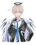  1boy arknights black_gloves black_jacket blonde_hair blue_eyes blue_necktie closed_mouth coat coat_on_shoulders collared_shirt crossed_bangs detached_wings executor_(arknights) executor_(titleless_code)_(arknights) fingerless_gloves gloves halo hand_on_own_hip highres jacket looking_at_viewer male_focus necktie ojsn_00 shirt short_hair simple_background solo upper_body white_background white_coat white_shirt wings 