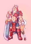  2017 abs absurd_res anthro armor biceps boots canid canine canis child clothing demon duo footwear fur hair heylaw21 hi_res human male mammal marchosias melee_weapon multicolored_fur pecs pink_background red_eyes scar simple_background sword tan_fur tokyo_afterschool_summoners topwear two_tone_fur video_games weapon white_fur wolf young 