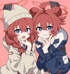  2girls absurdres black_jacket blue_archive blue_eyes blush_stickers double_bun dual_persona grey_headwear grey_jacket grin hair_between_eyes hair_bun hat highres hood hood_down hooded_jacket jacket kuzuuo long_hair long_sleeves maki_(blue_archive) maki_(camp)_(blue_archive) multiple_girls official_alternate_costume official_alternate_hairstyle open_mouth pink_background puffy_long_sleeves puffy_sleeves red_hair simple_background smile 