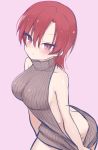  1girl backless_dress backless_outfit bare_arms bare_shoulders bazett_fraga_mcremitz blush breasts dress eyebrows_visible_through_hair fate/hollow_ataraxia fate_(series) hair_between_eyes highres kamu_(geeenius) large_breasts looking_at_viewer meme_attire mole mole_under_eye naked_sweater pink_background red_hair short_hair sideboob simple_background solo sweater sweater_dress turtleneck turtleneck_sweater virgin_killer_sweater 