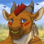 anthro aridarmus blue_eyes bodypaint bovid bovine cattle face_paint facial_piercing feathers horn icon jersey_cattle male mammal mohawk nose_piercing nose_ring phoeline piercing ring_piercing smile soft_smile solo