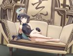  1girl 200-ko_no_chikara absurdres bare_legs bare_shoulders barefoot black_gloves black_hair blue_archive blue_eyes blush breasts butterfly_hair_ornament chair china_dress chinese_clothes commentary couch double_bun dragon_print dress full_body gloves hair_bun hair_ornament halo highres kisaki_(blue_archive) long_hair looking_at_viewer lying on_couch single_glove small_breasts solo 