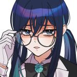  1girl adjusting_eyewear ado_(utaite) black_bow black_bowtie blue_eyes blue_flower blue_hair blue_rose bow bowtie chando_(ado) cloud_nine_inc colored_inner_hair commentary_request dark_blue_hair flower flower_brooch glasses gloves hair_between_eyes long_hair long_sleeves looking_at_viewer mole mole_under_eye multicolored_hair open_mouth rebellion_(ado) riseno rose round_eyewear shirt sidelocks simple_background solo twintails two-tone_hair upper_body utaite white_background white_gloves white_shirt 