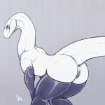  1:1 anthro anus armwear blush clothing deormynd dinosaur dromaeosaurid elbow_gloves embarrassed female gloves hi_res legwear long_neck looking_back monochrome pussy raised_tail rear_view reptile scales scalie smile solo stockings sweat theropod thick_thighs thigh_highs 