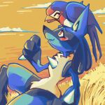  animal_on_head bad_link bird bird_on_head blush closed_eyes drawfag highres looking_at_another lucario no_humans on_head outdoors pokemon pokemon_(creature) red_eyes sitting sky taillow wheat yellow_sky 
