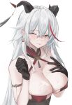  1girl absurdres aegir_(azur_lane) aegir_(golden_dragon_among_auspicious_clouds)_(azur_lane) azur_lane black_gloves black_horns breasts cleavage closed_mouth commentary cum cum_on_body cum_on_breasts cum_on_hair earrings facial gloves hair_between_eyes hand_on_own_chest highres horns jewelry kongbai_(sandpc) large_breasts long_hair looking_at_viewer multicolored_hair official_alternate_costume one_eye_closed red_hair simple_background solo streaked_hair upper_body white_background white_hair yellow_eyes 