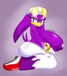 &lt;3 anthro areola avian bedroom_eyes big_breasts big_butt bird blue_eyes bottomwear breasts butt clothing eyewear eyewear_on_head female goggles goggles_on_head hi_res hirundinid huge_breasts kneeling looking_at_viewer narrowed_eyes nipples oscine pants passerine purple_body seductive sega side_view signature smile solo sonic_riders sonic_the_hedgehog_(series) swallow_(bird) text tha_randomu wave_the_swallow