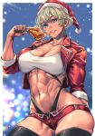  1girl abs blonde_hair blue_eyes breasts christmas_lights cleavage fried_chicken hat highres jacket large_breasts mikel_(4hands) muscular muscular_female open_clothes open_jacket original santa_costume santa_hat short_shorts shorts sleeves_rolled_up solo tank_top thighhighs toned 